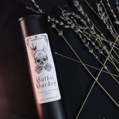 A close-up of the Gothic Garden Candle – Sage & Peppermint for Cleansing Rituals beside soothing lavender, highlighting its invigorating scent. Ideal as a Christmas Gift Home Fragrance.