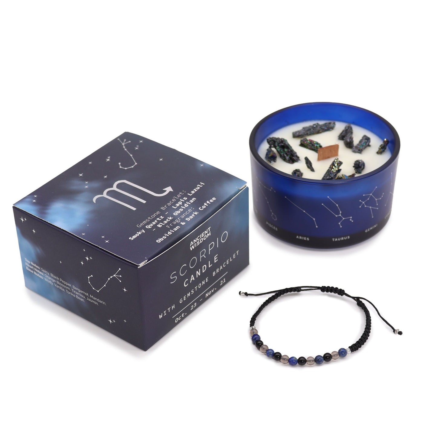 Zodiac Crystal Candle with Gemstone Bracelet - Scorpio, showcasing the candle's rich design and gemstone bracelet, perfect for adding a touch of elegance to your decor. Enjoy the deep, rich scent – Christmas Gift Home Fragrance.