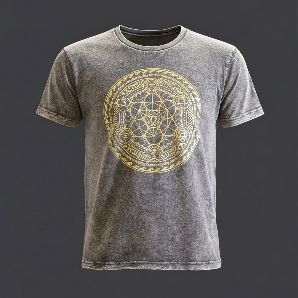 Model wearing Chakra Large Stone Washed T-Shirt in Dark Grey by Cake Pops Parties, perfect for lounging or casual outings.