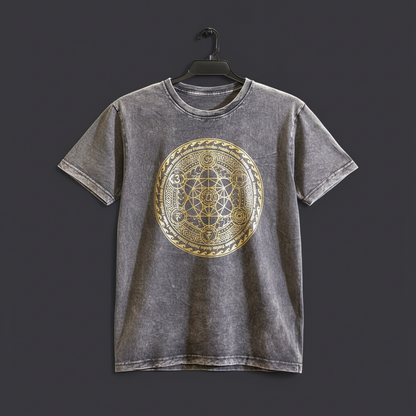 Chakra Large Stone Washed T-Shirt in Dark Grey by Cake Pops Parties, displayed on a hanger, ideal for casual and comfortable fashion choices.