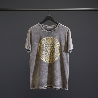Front view of the Chakra Large Stone Washed T-Shirt by Cake Pops Parties, presented in Dark Grey, showcasing its trendy stone washed finish.