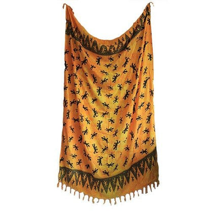 Bali Gecko Sarongs - Yellow 100% Rayon - Summer Fashionable Wraps showcasing a vibrant orange sarong adorned with black lizard patterns, ideal for stylish summer outings or as a unique Christmas gift home fragrance.