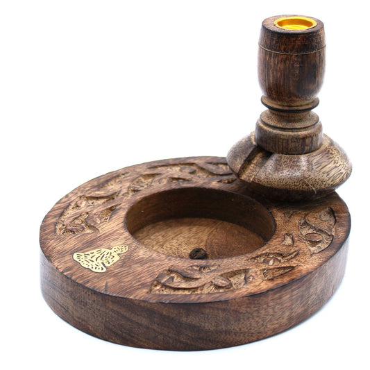 The Sm Mango Wood Backflow Burner featuring a beautifully crafted Brass Buddha, perfect for creating a serene atmosphere at home. This unique incense burner offers a stunning visual of cascading smoke, making it an ideal Christmas gift for home fragrance enthusiasts.