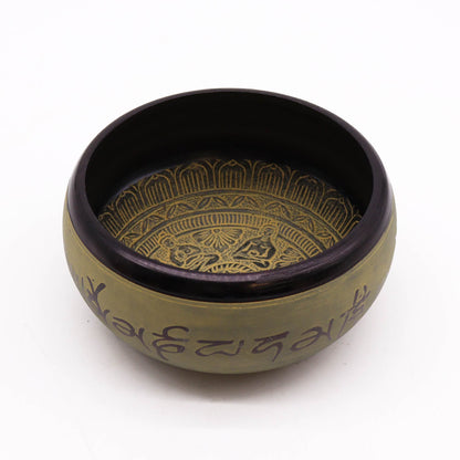Side perspective of the Earth Powder Singing Bowl - 16cm Mantra Five Buddha Art, displaying its unique design and craftsmanship. An elegant Christmas gift for anyone seeking peace and harmony in their home.