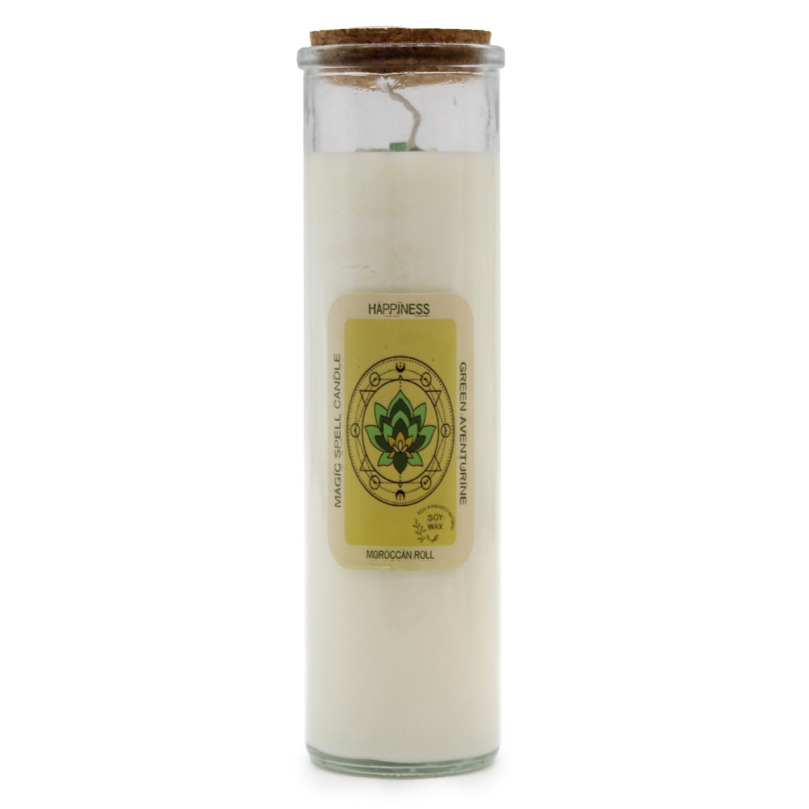 Green Aventurine & Moroccan Rose Soy Candle in a glass jar with a cork lid, showcasing a beautiful design, ideal for creating a festive atmosphere. This scented candle is perfect as a Christmas gift home fragrance.