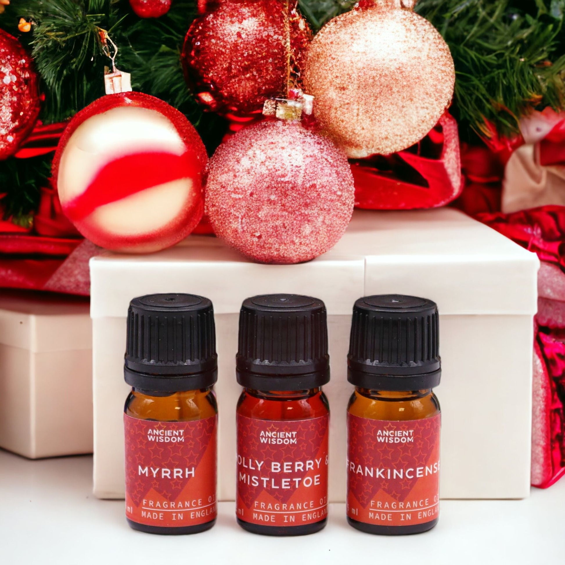 Various Holy Scents Christmas Fragrance Oils elegantly lined up, offering scents that evoke holiday charm and warmth.