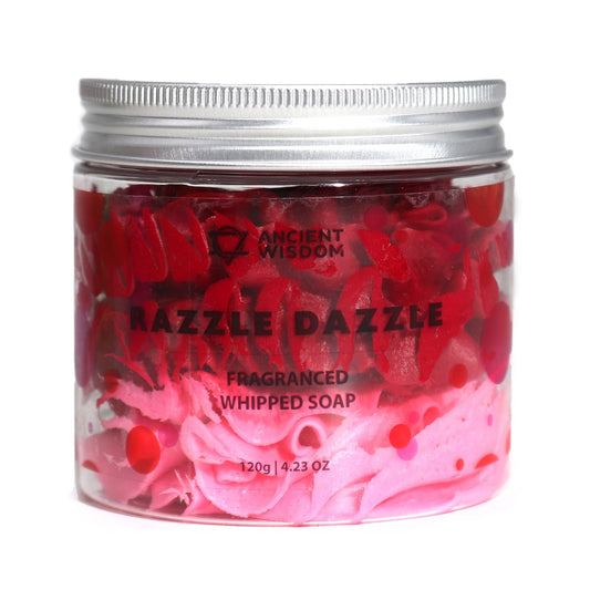 Razzle Dazzle Whipped Soap 120g in a clear jar, showcasing vibrant pink and red whipped soap curls, ideal as a Christmas gift for home fragrance lovers.