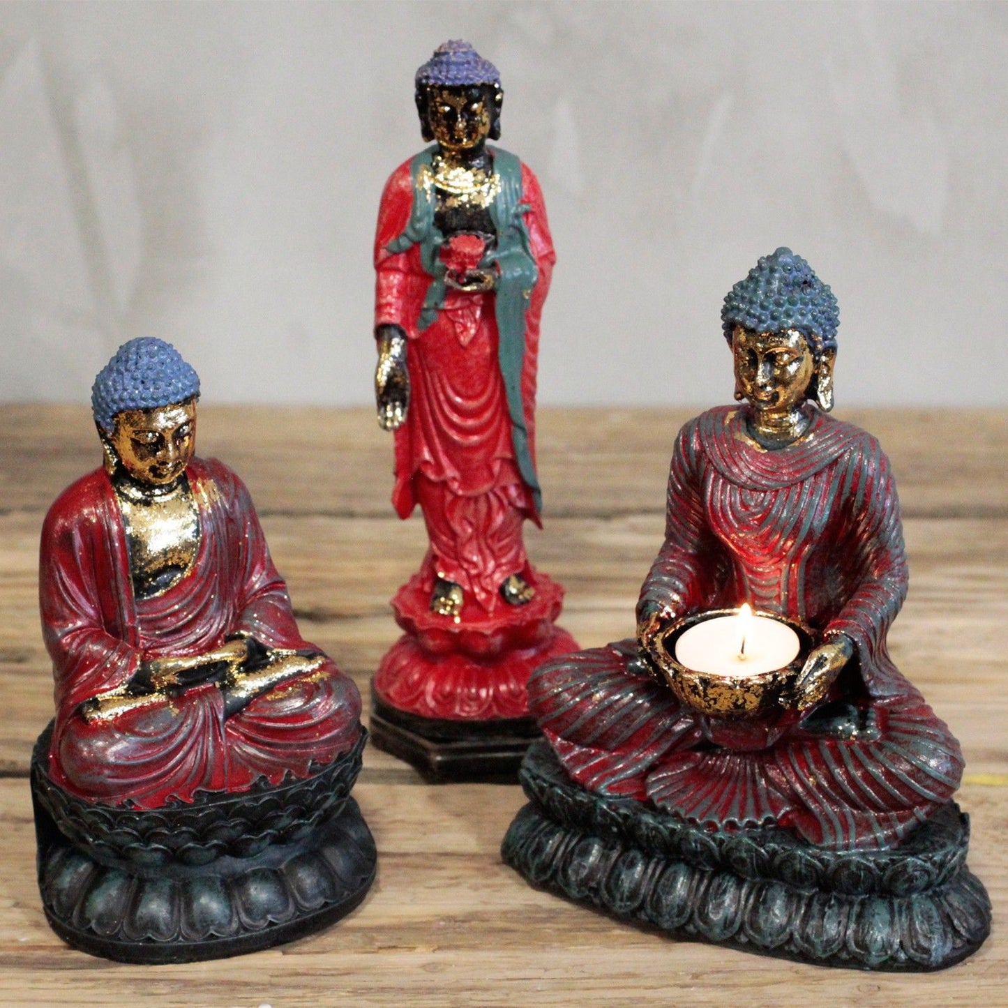 Antique Standing Buddha - Zen Decor for Home and Meditation. This arrangement of Buddha statues highlights serene elegance and is perfect for creating a peaceful atmosphere, making it a thoughtful {{scent}} {{product_type}} – Christmas Gift Home Fragrance.