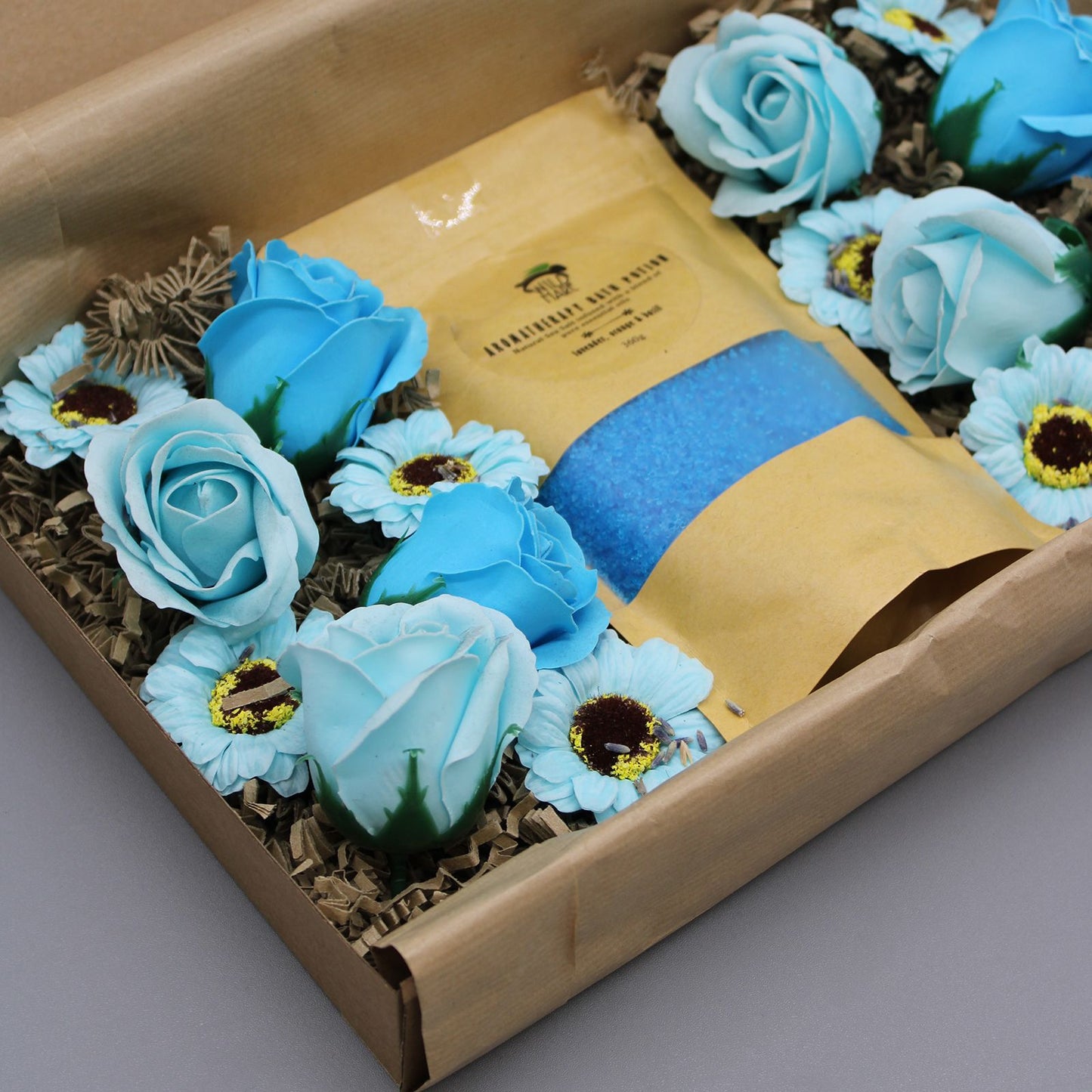 Close-up of the Total Unwind Spa Set - Lavender Bath Salt & Soap Flowers, showcasing the lovely soap flowers and bath salt, ideal for a relaxing Christmas gift home fragrance.