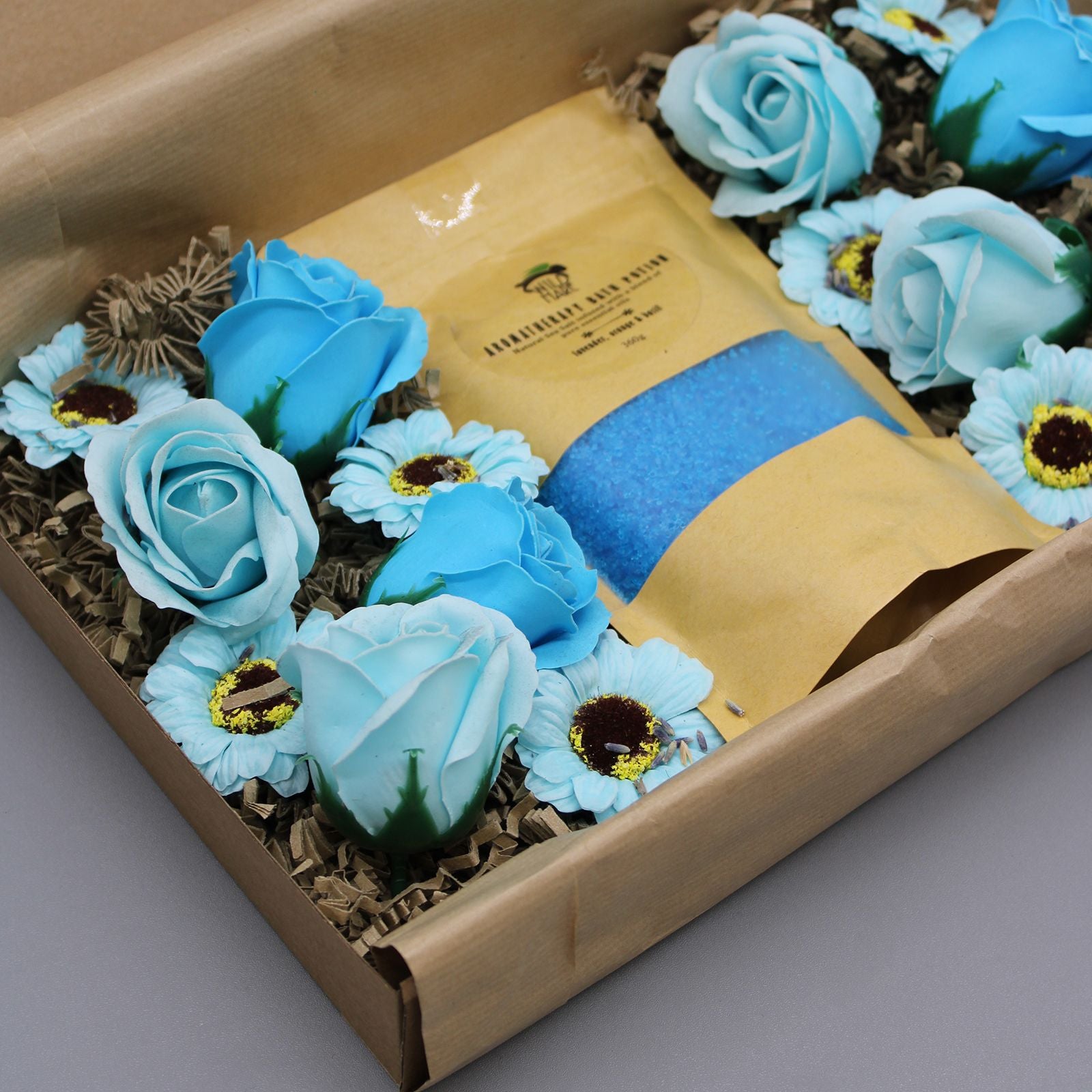Close-up of the Total Unwind Spa Set - Lavender Bath Salt & Soap Flowers, showcasing the lovely soap flowers and bath salt, ideal for a relaxing Christmas gift home fragrance.