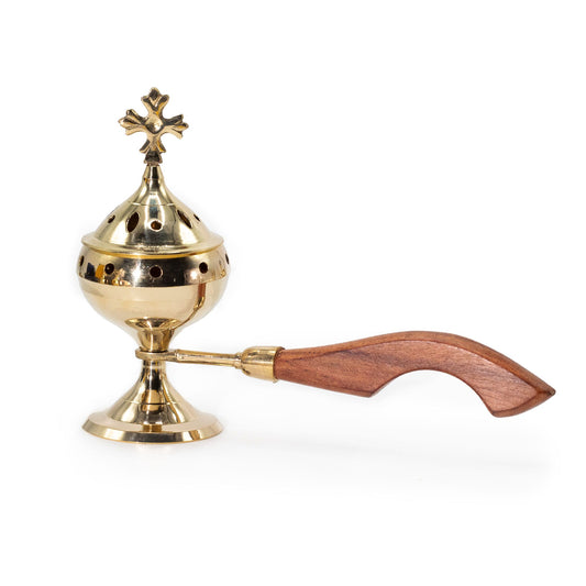 Handcrafted Brass Censer Burner with Wooden Handle - Cross Design, an elegant piece for creating a calming atmosphere, perfect as a Christmas gift for enhancing home fragrance.