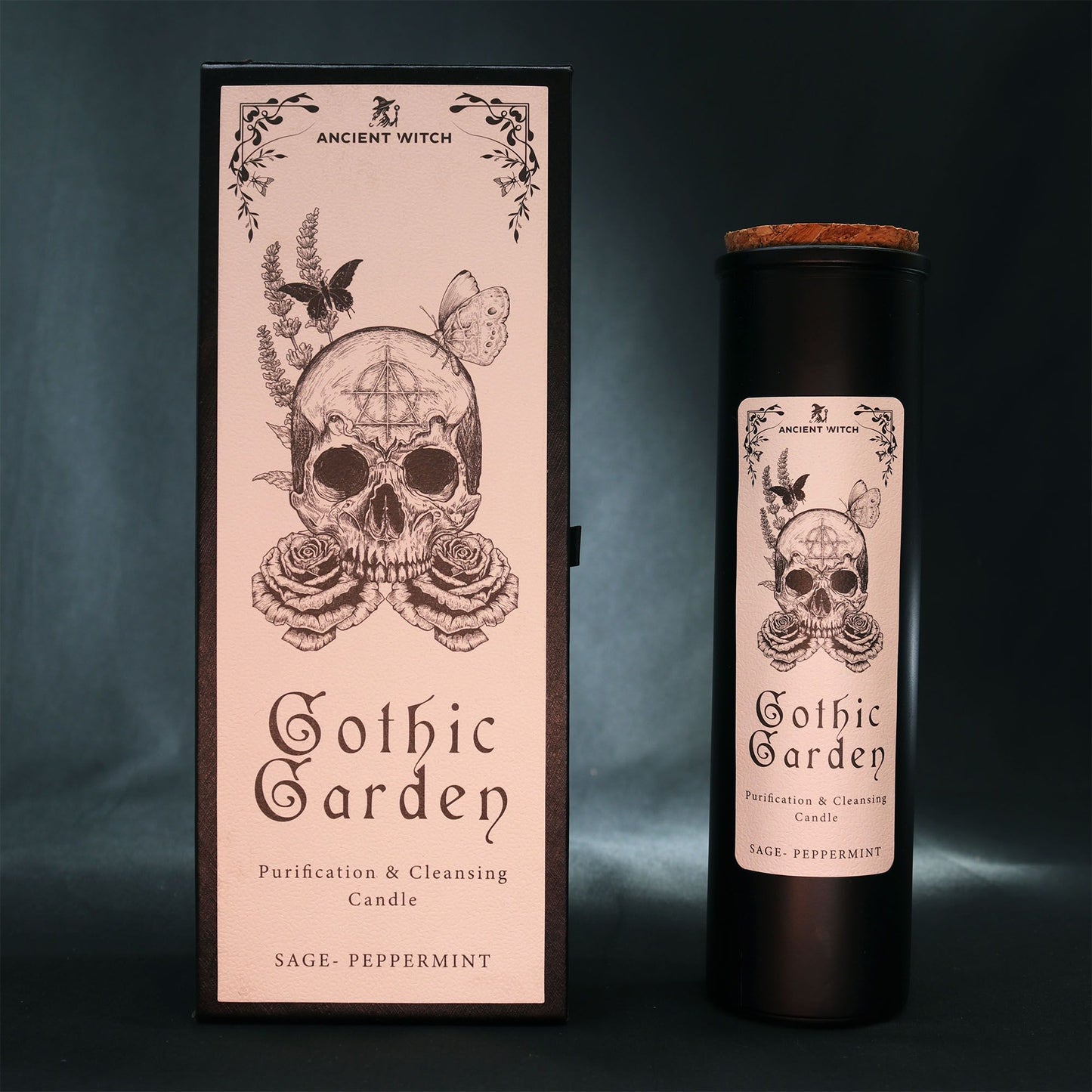 The Gothic Garden Candle – Sage & Peppermint for Cleansing Rituals displayed against a softly lit background, emphasising its enchanting design and purifying aroma. A thoughtful Christmas Gift Home Fragrance.