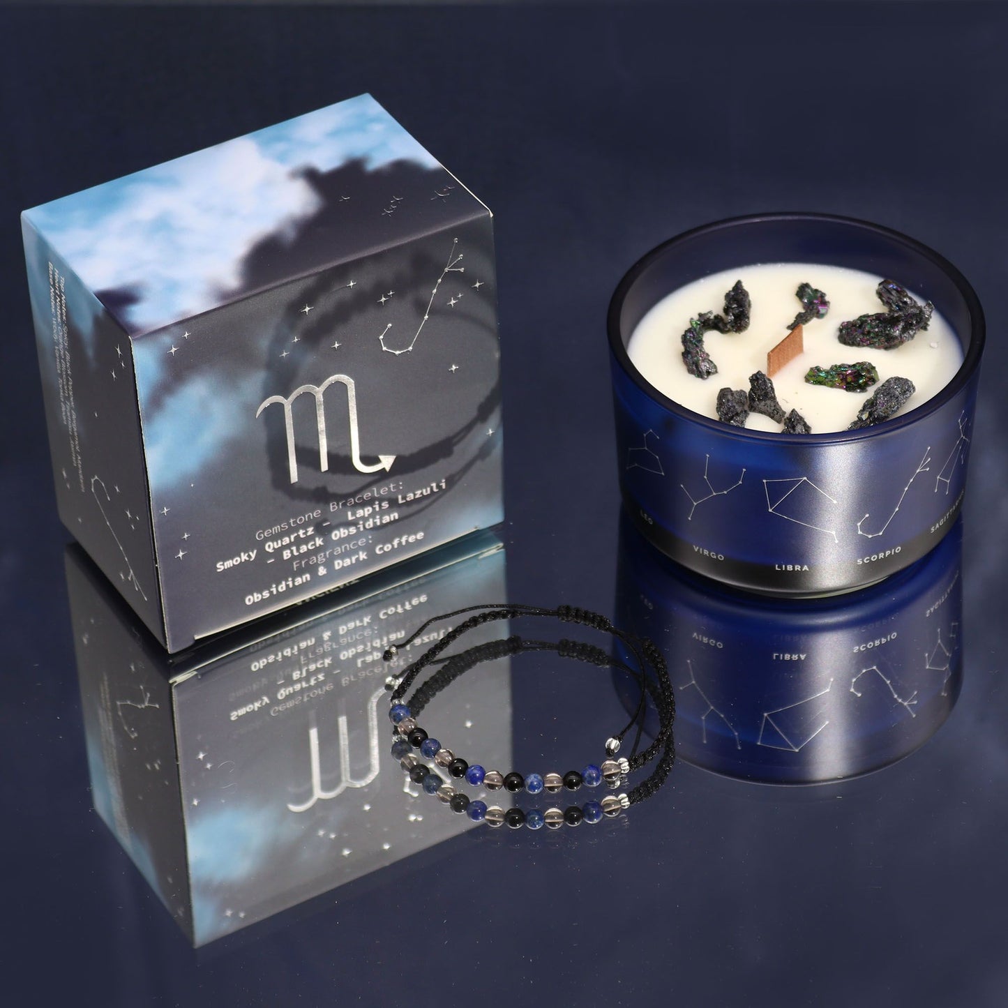 Zodiac Crystal Candle with Gemstone Bracelet - Scorpio, featuring a beautifully designed candle enriched with Obsidian and Dark Coffee scents, alongside a shimmering gemstone bracelet. Perfect as a Christmas gift for home fragrance enthusiasts.