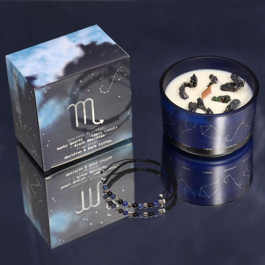 Zodiac Crystal Candle with Gemstone Bracelet - Scorpio, featuring a beautifully designed candle enriched with Obsidian and Dark Coffee scents, alongside a shimmering gemstone bracelet. Perfect as a Christmas gift for home fragrance enthusiasts.