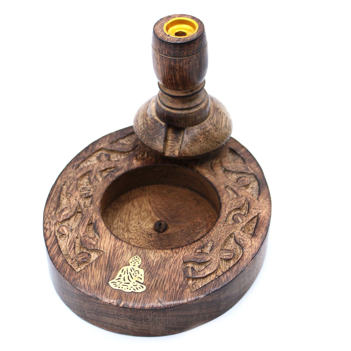 Sm Mango Wood Backflow Burner - Brass Buddha showcasing intricate carvings and a smooth surface, perfect for enhancing your home ambiance with beautiful scents. Ideal for Christmas Gift Home Fragrance.