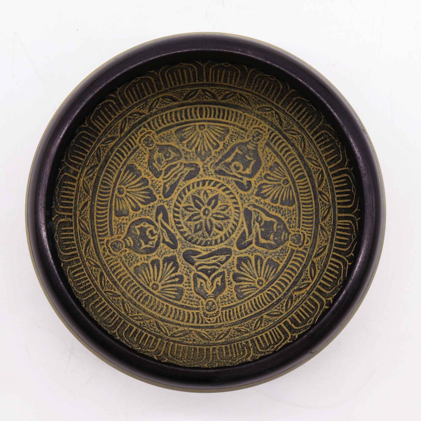 Top view of the Earth Powder Singing Bowl - 16cm Mantra Five Buddha Art, highlighting the detailed patterns that promote spiritual resonance. A thoughtful Christmas gift for enhancing home fragrance and meditative practices.