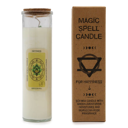 Green Aventurine & Moroccan Rose Soy Candle in a glass jar with cork lid, showcasing a decorative label. This candle's uplifting scent makes it an ideal Christmas gift for home fragrance lovers.