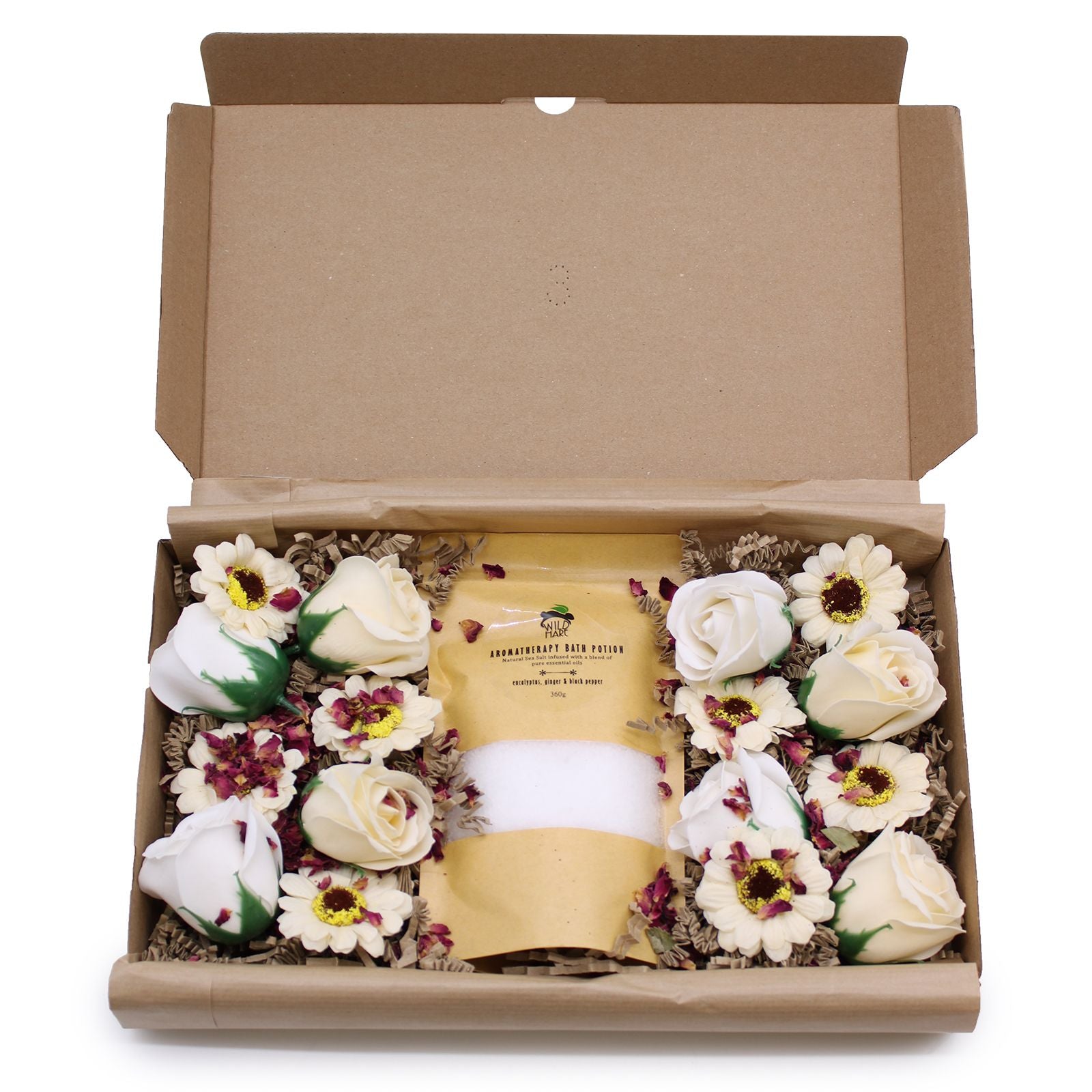 Inside view of the Eucalyptus Cold & Flu Bath Salt Set, displaying luxurious soap flowers and aromatic bath salts – an exquisite home fragrance choice for Christmas gifting.