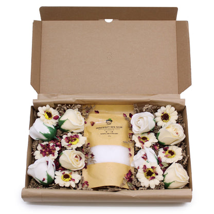 Inside view of the Eucalyptus Cold & Flu Bath Salt Set, displaying luxurious soap flowers and aromatic bath salts – an exquisite home fragrance choice for Christmas gifting.