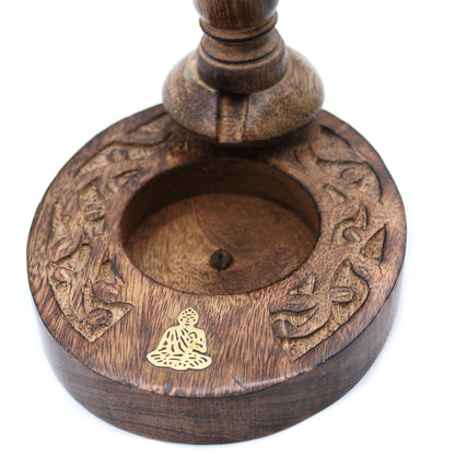 Close-up view of the Sm Mango Wood Backflow Burner - Brass Buddha, featuring detailed carvings and the iconic brass embellishment, a great choice for elevating your relaxation space. Ideal for Christmas Gift Home Fragrance.