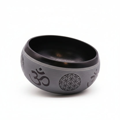 Handmade 16cm Earth Powder Singing Bowl - Om Five Buddha Design featuring intricate designs on the exterior, ideal for meditation and relaxation. Perfect for mindfulness practices, this unique bowl makes a thoughtful Christmas gift and home fragrance accessory.