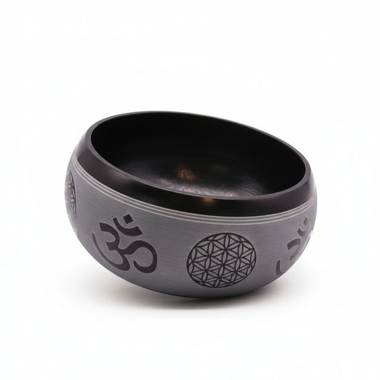Handmade 16cm Earth Powder Singing Bowl - Om Five Buddha Design featuring intricate designs on the exterior, ideal for meditation and relaxation. Perfect for mindfulness practices, this unique bowl makes a thoughtful Christmas gift and home fragrance accessory.