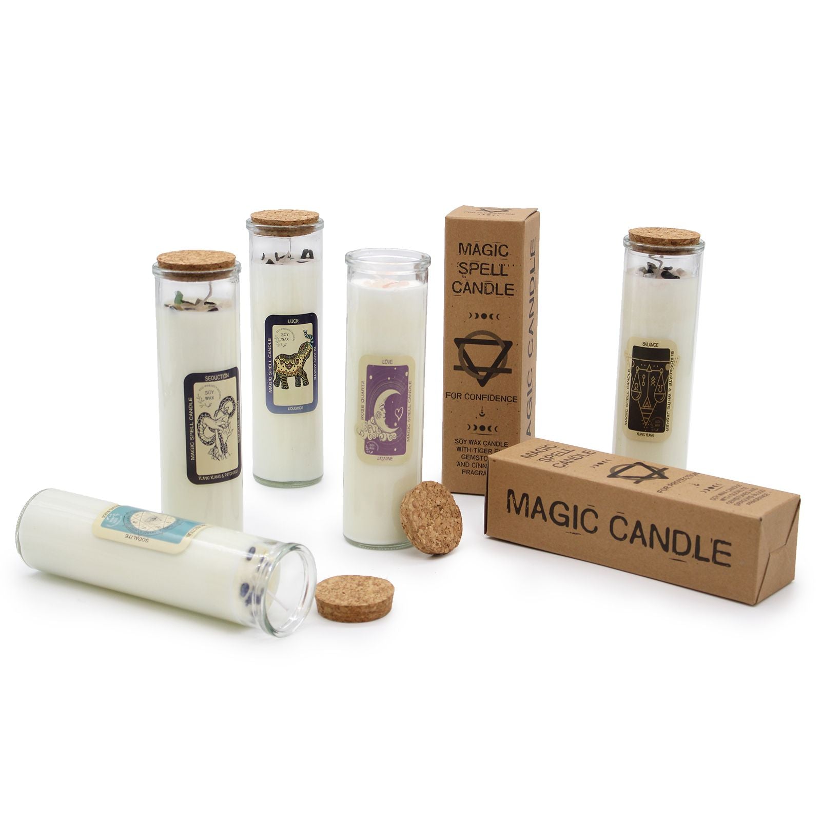 A variety of Magic Spell Candles including the Soy Wax Candle with White Jasper - Sage & Peppermint Scent, showcasing different designs in elegant glass holders, perfect for creating a tranquil home atmosphere. Great for Christmas gift home fragrance.