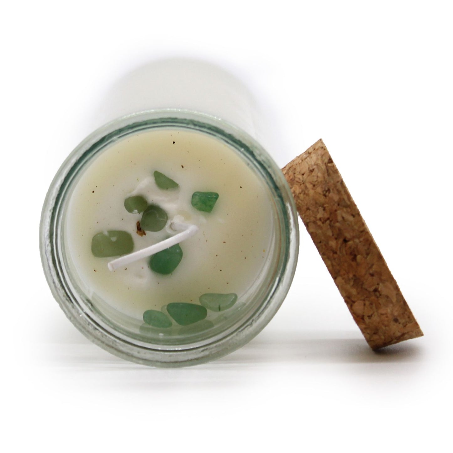 Top view of the Green Aventurine & Moroccan Rose Soy Candle, highlighting the embedded green aventurine gemstones and the clean burning wax. Perfect for enhancing your home's ambience, making it a great Christmas gift.