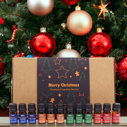Holy Scents Christmas Fragrance Oils Set beautifully displayed with 12 unique scents for the holiday season, perfect as Christmas gifts.