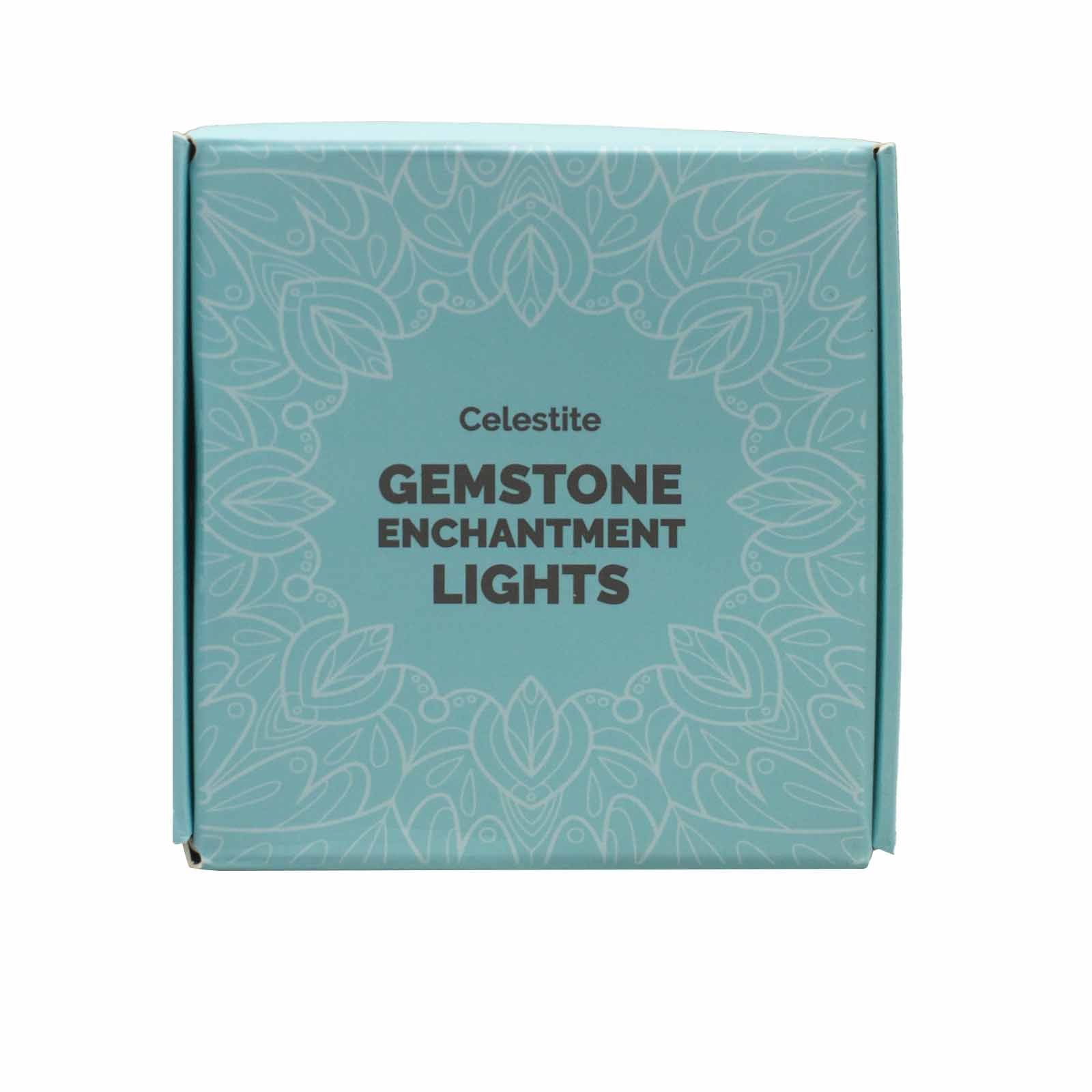 Front view of the Celestite Gemstone Enchantment LED Lights box, showcasing its elegant design, ideal for gifting during the festive season. {{scent}} {{product_type}} – Christmas Gift Home Fragrance.
