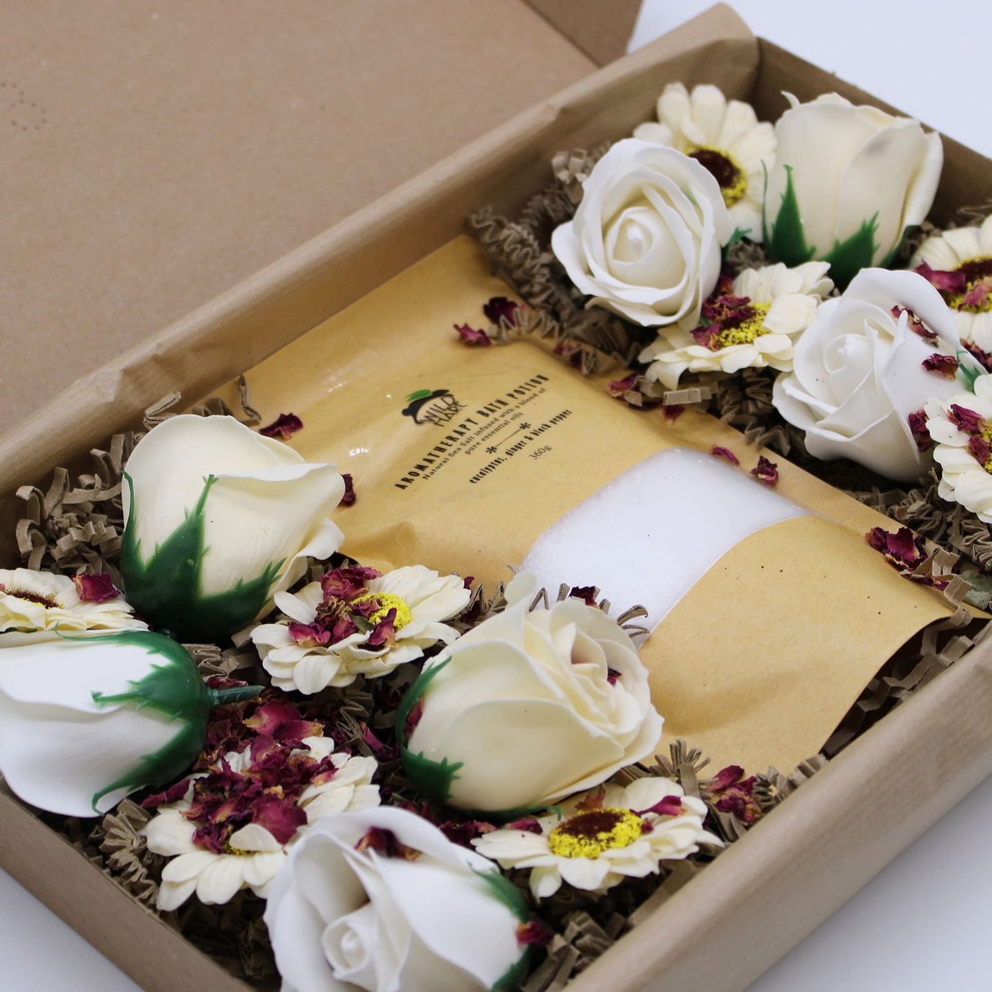 Close-up of soap flowers included in the Eucalyptus Cold & Flu Bath Salt Set, emphasizing the inviting aroma – a wonderful Christmas gift that enhances home fragrance and relaxation.