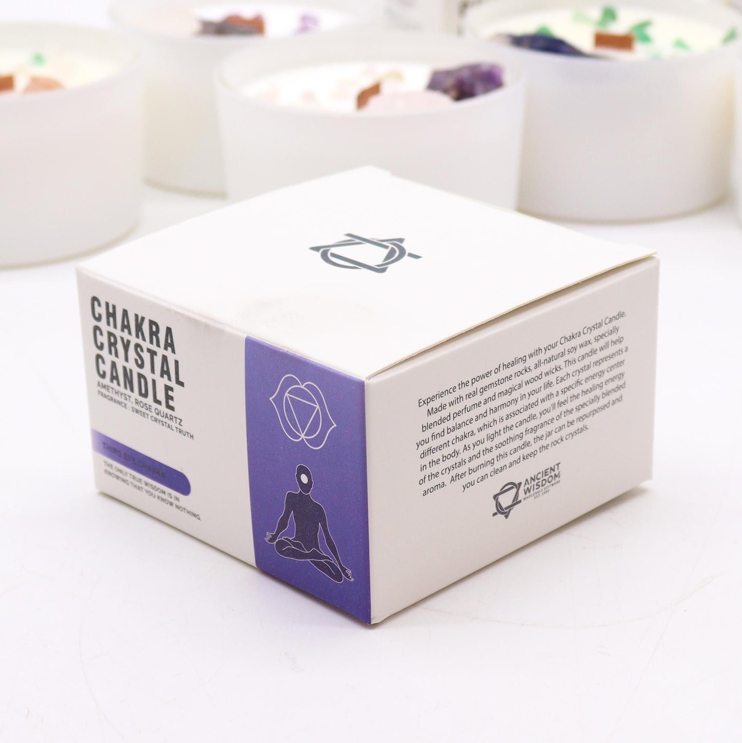 Packaging of the Third Eye Chakra Candle – Enhance Intuition & Inner Wisdom, featuring an elegant design with chakra symbols. Perfect as a Christmas gift for those who love soothing home fragrances.