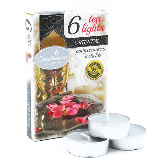 Scented Tealights Set of 6 - Exotic Oriental Fragrances presented in elegant packaging, showcasing the tealights with a serene Buddha and flowers, perfect for creating a warm ambiance as a Christmas Gift Home Fragrance.