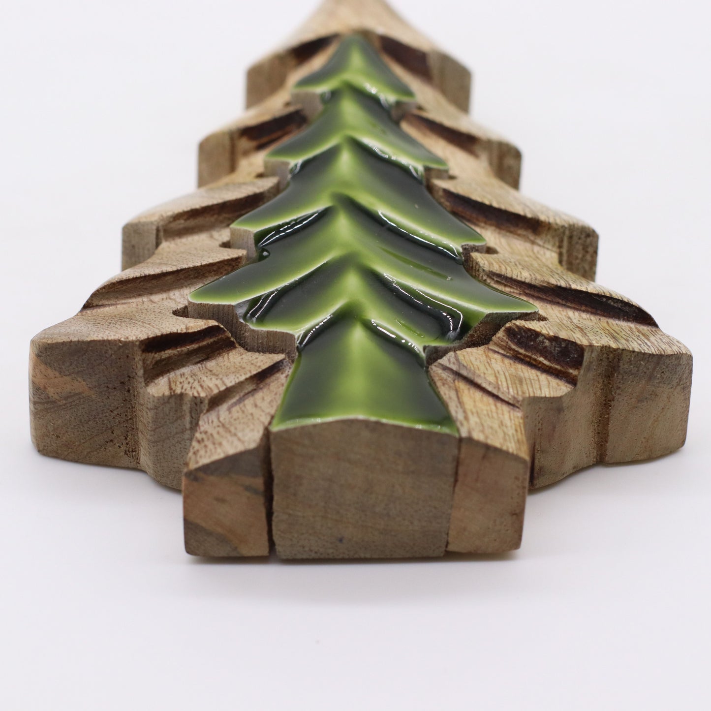 Side perspective of Woodland Charm - Small Tree in Tree Decoration 15x10cm illustrating its rustic texture and vibrant green accents, perfect for Christmas gift home fragrance decoration.