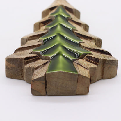 Side perspective of Woodland Charm - Small Tree in Tree Decoration 15x10cm illustrating its rustic texture and vibrant green accents, perfect for Christmas gift home fragrance decoration.