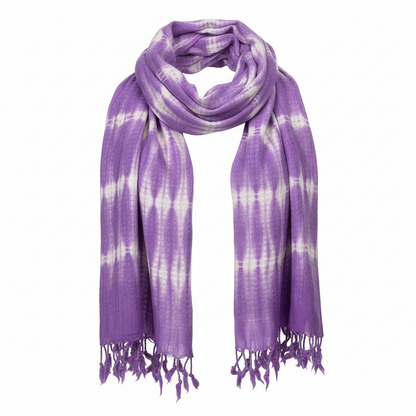 Purple and white tie-dye scarf with fringes on a white background