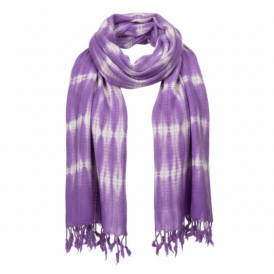 Purple and white tie-dye scarf with fringes on a white background