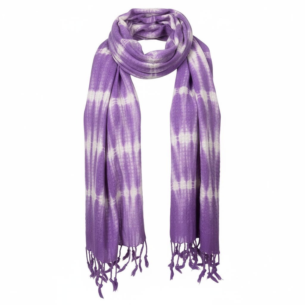 Purple and white tie-dye scarf with fringes on a white background