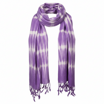 Purple and white tie-dye scarf with fringes on a white background