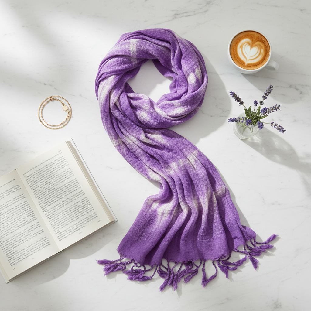 Purple scarf on a marble surface with an open book, coffee, and flowers.