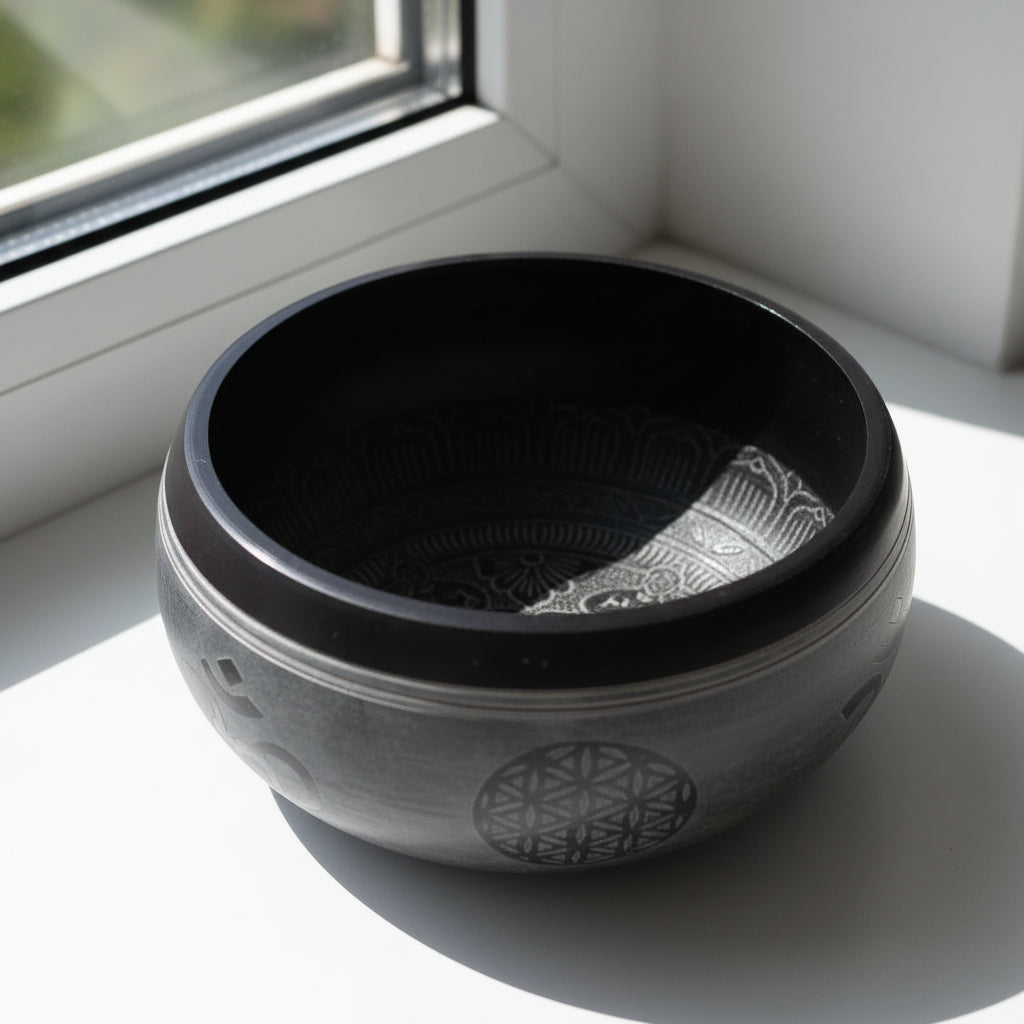 Handmade 16cm Earth Powder Singing Bowl - Om Five Buddha Design showcased beautifully. This unique singing bowl is perfect for enhancing meditation and relaxation, making it an ideal {{scent}} {{product_type}} – Christmas Gift Home Fragrance.