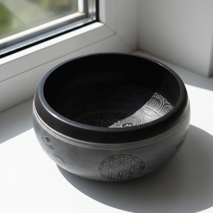 Handmade 16cm Earth Powder Singing Bowl - Om Five Buddha Design showcased beautifully. This unique singing bowl is perfect for enhancing meditation and relaxation, making it an ideal {{scent}} {{product_type}} – Christmas Gift Home Fragrance.