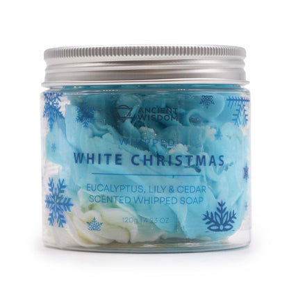 White Christmas Whipped Soap 120g in a glass jar showcasing a festive design, perfect for Christmas gifting. This whipped soap features eucalyptus, lily, and cedar scent for a luxurious bath experience – Christmas Gift Home Fragrance.