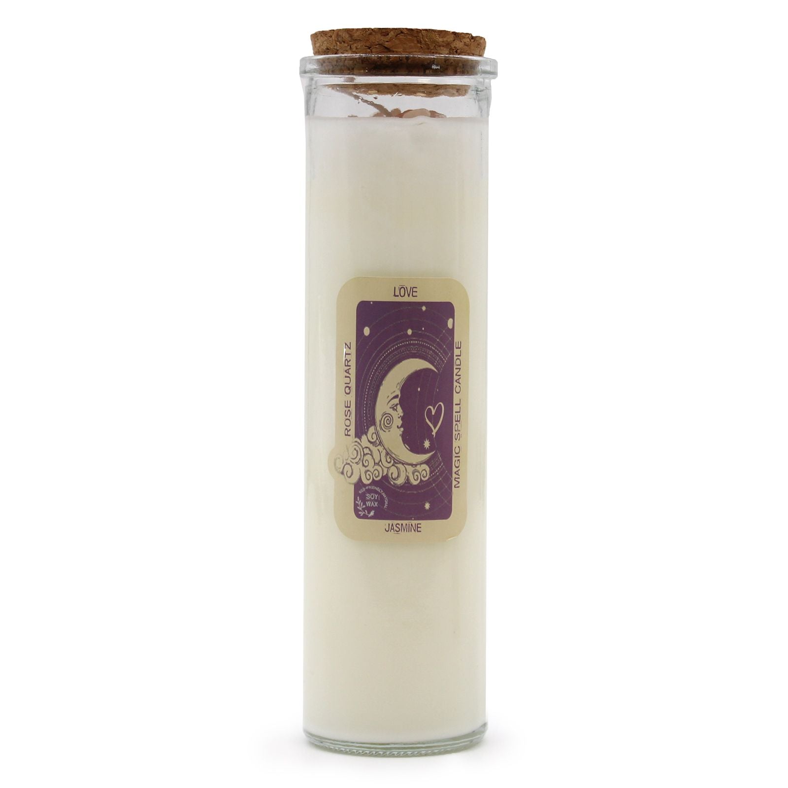 Love Spell Candle with Rose Quartz & Jasmine in a stylish glass container, perfect for enhancing love and creating a romantic atmosphere. This {{scent}} {{product_type}} is an ideal Christmas Gift for home fragrance.