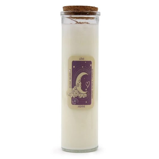 Love Spell Candle with Rose Quartz & Jasmine in a stylish glass container, perfect for enhancing love and creating a romantic atmosphere. This {{scent}} {{product_type}} is an ideal Christmas Gift for home fragrance.