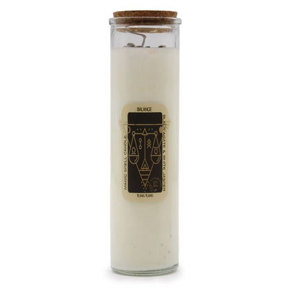 Magic Balance Soy Wax Candle with Black Agate & White Jasper displayed in a clear glass container, featuring cork lid and intricate label design. Perfect as a Christmas gift home fragrance.