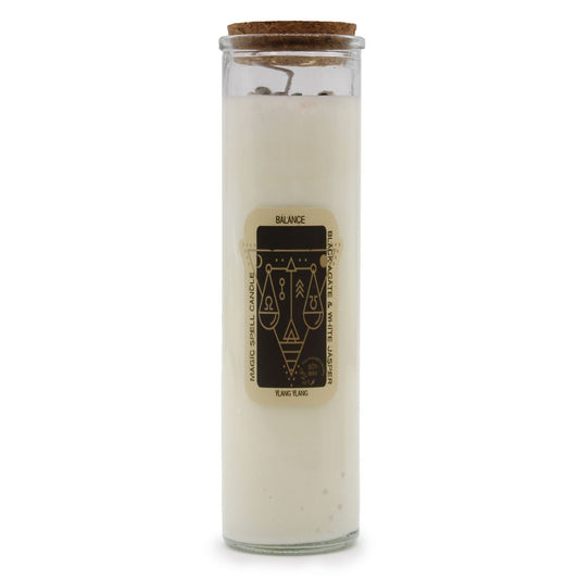 Magic Balance Soy Wax Candle with Black Agate & White Jasper displayed in a clear glass container, featuring cork lid and intricate label design. Perfect as a Christmas gift home fragrance.