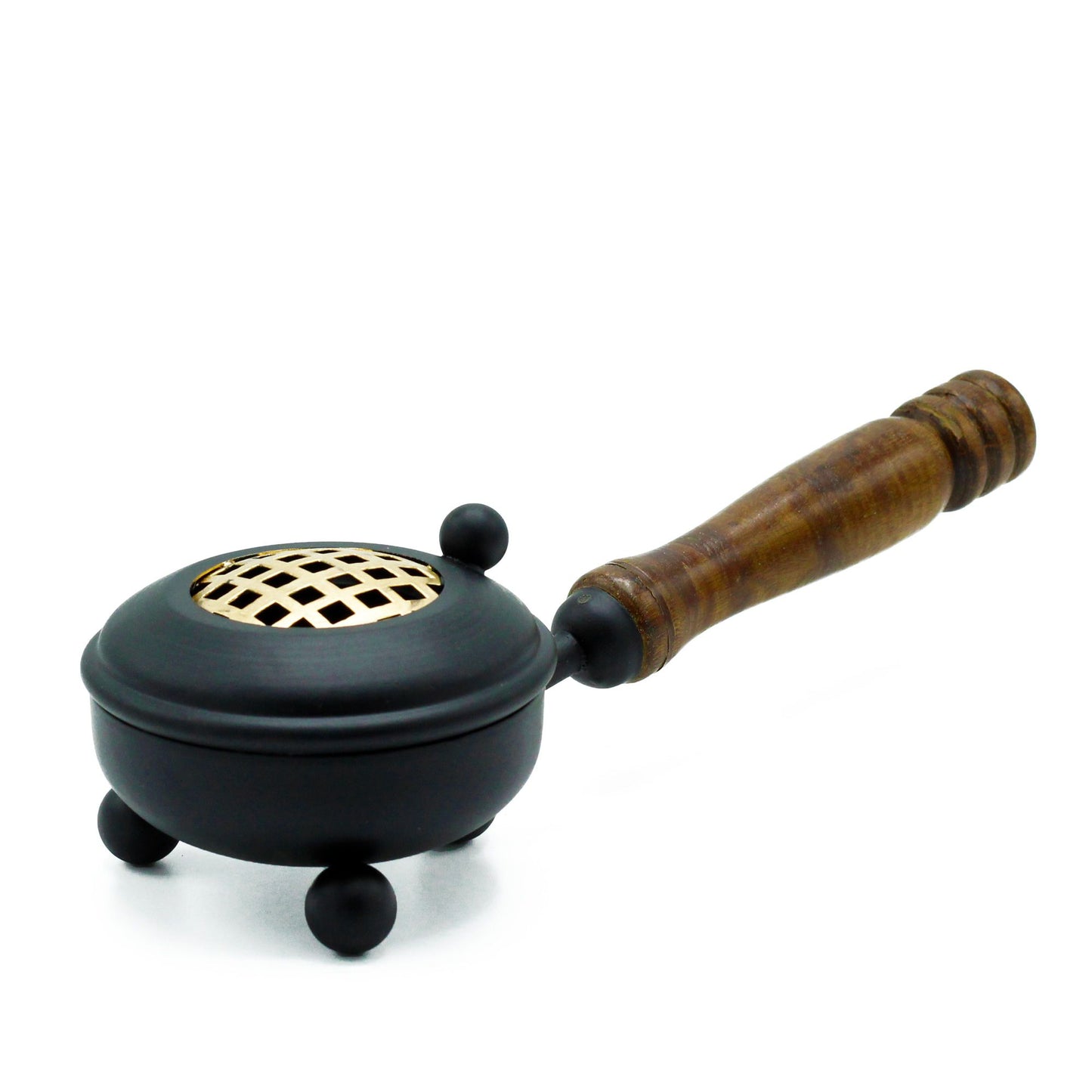 Rustic Cast Iron Incense Burner With Wooden Handle – Gold Accents, showcasing its elegant design and sturdy wooden handle. Ideal for creating a warm scented atmosphere, perfect as a Christmas Gift Home Fragrance.