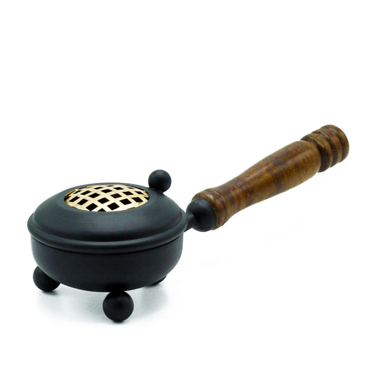Rustic Cast Iron Incense Burner With Wooden Handle â€“ Gold Accents, showcasing its elegant design and sturdy wooden handle. Ideal for creating a warm scented atmosphere, perfect as a Christmas Gift Home Fragrance.
