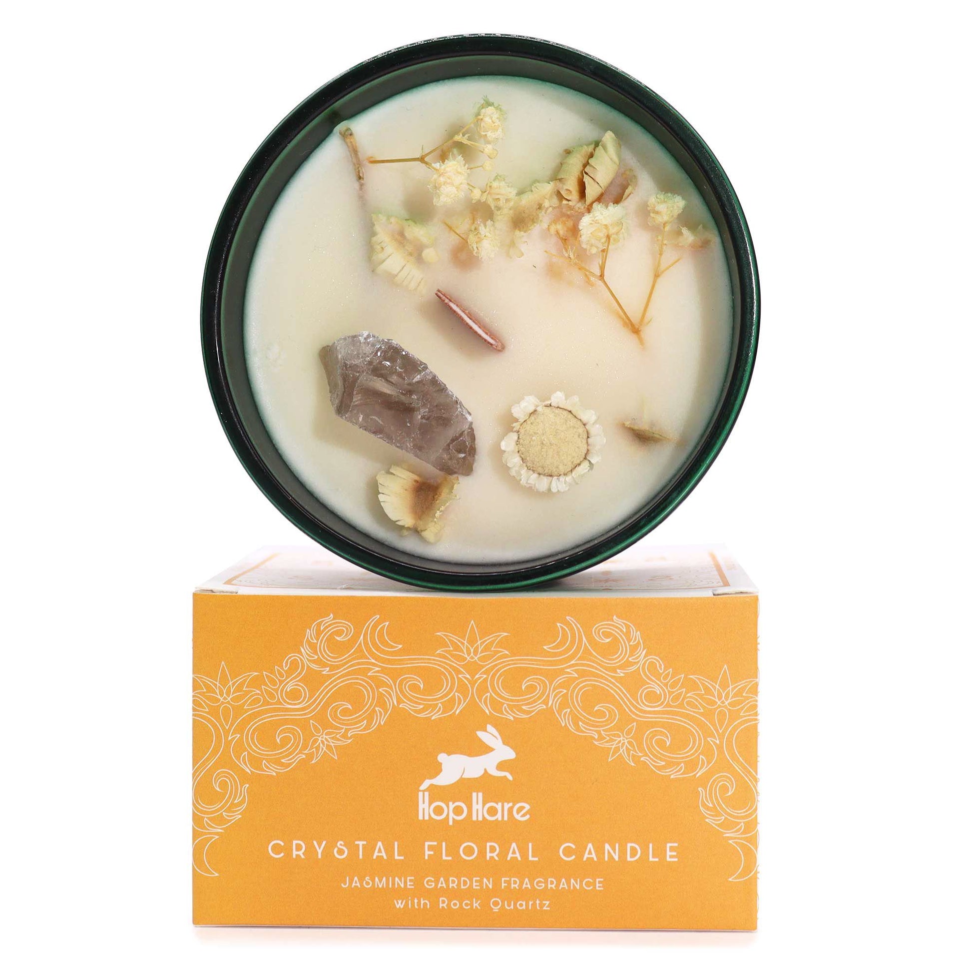 Hop Hare Magical Flower Candle with Tarot Card - Jasmine Garden Scent, featuring dried flowers and a Rock Quartz crystal, perfect as a Christmas gift home fragrance.